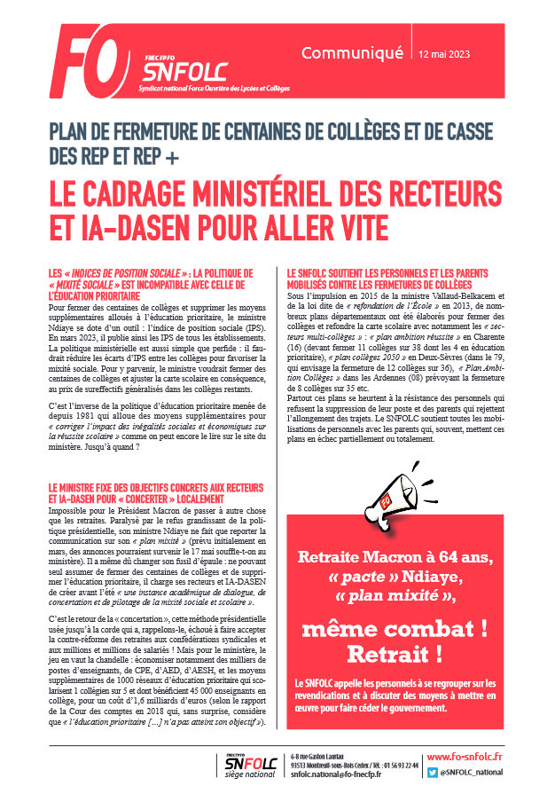 Plan de fermeture de centaines de collèges et de casse des REP et REP +