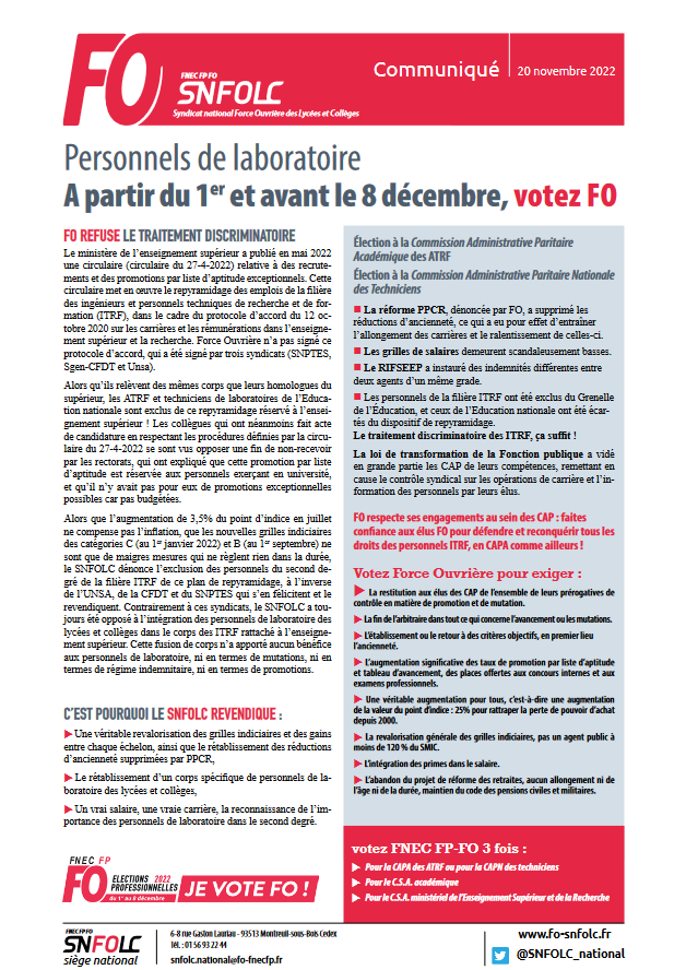 Personnels de laboratoire A partir du 1er et avant le 8 décembre, votez FO