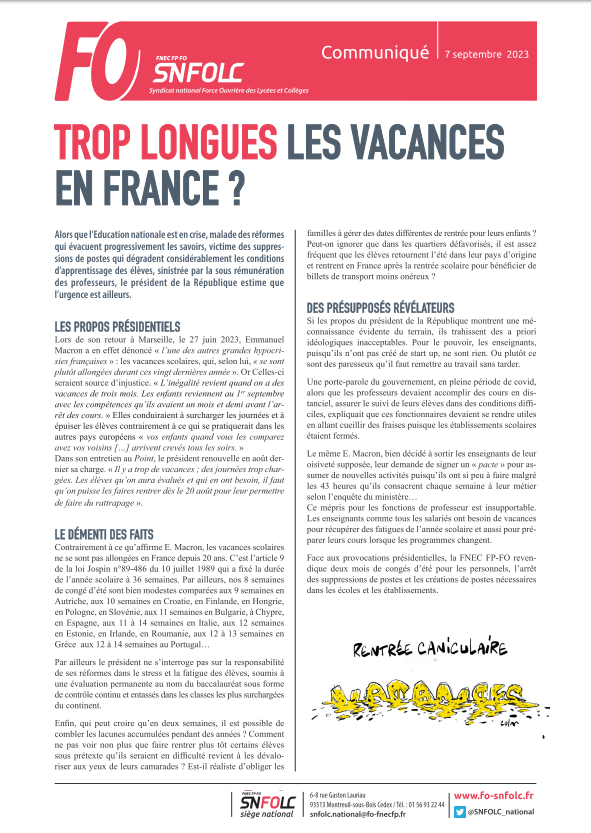 TROP LONGUES LES VACANCES EN FRANCE ?