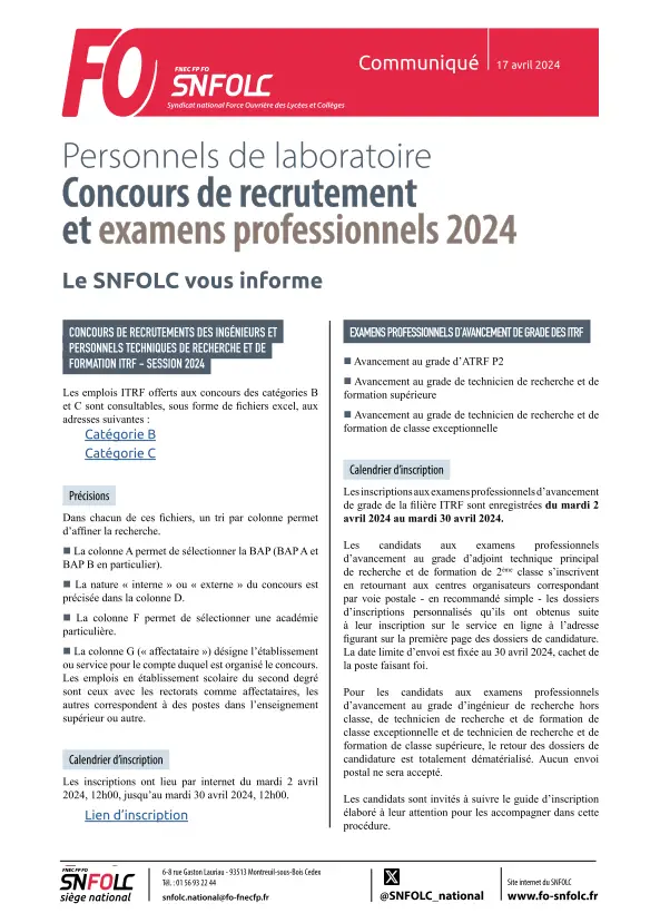 Personnels de laboratoire : Concours de recrutement et et examens professionnels 2024