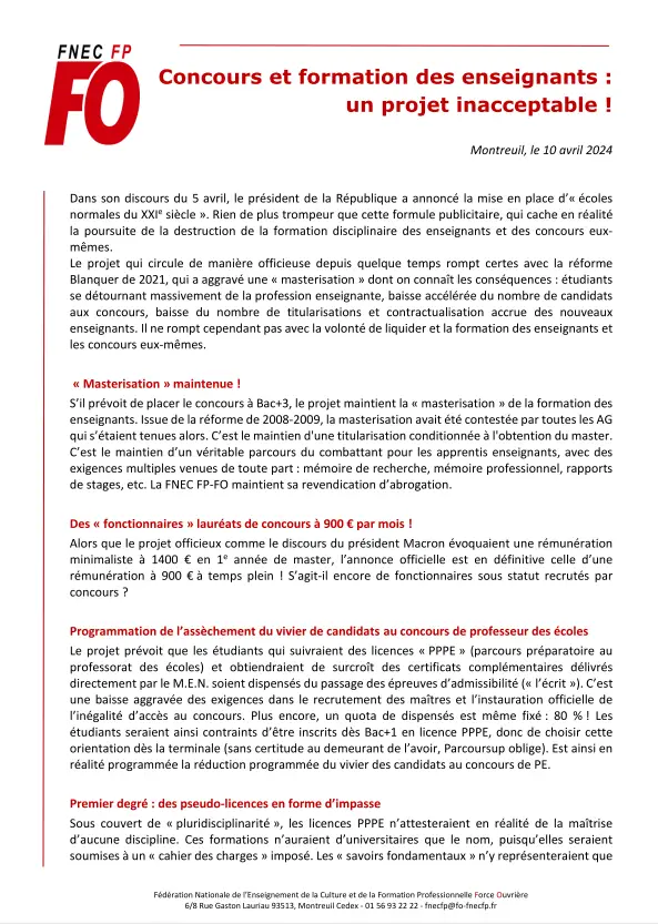 Concours et formation des enseignants : un projet inacceptable !