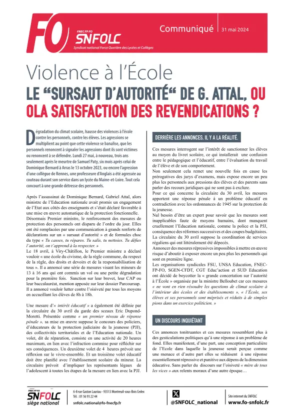 Violence à l’École LE “SURSAUT D’AUTORITÉ“ DE G. ATTAL,  OU LA SATISFACTION DES REVENDICATIONS ?
