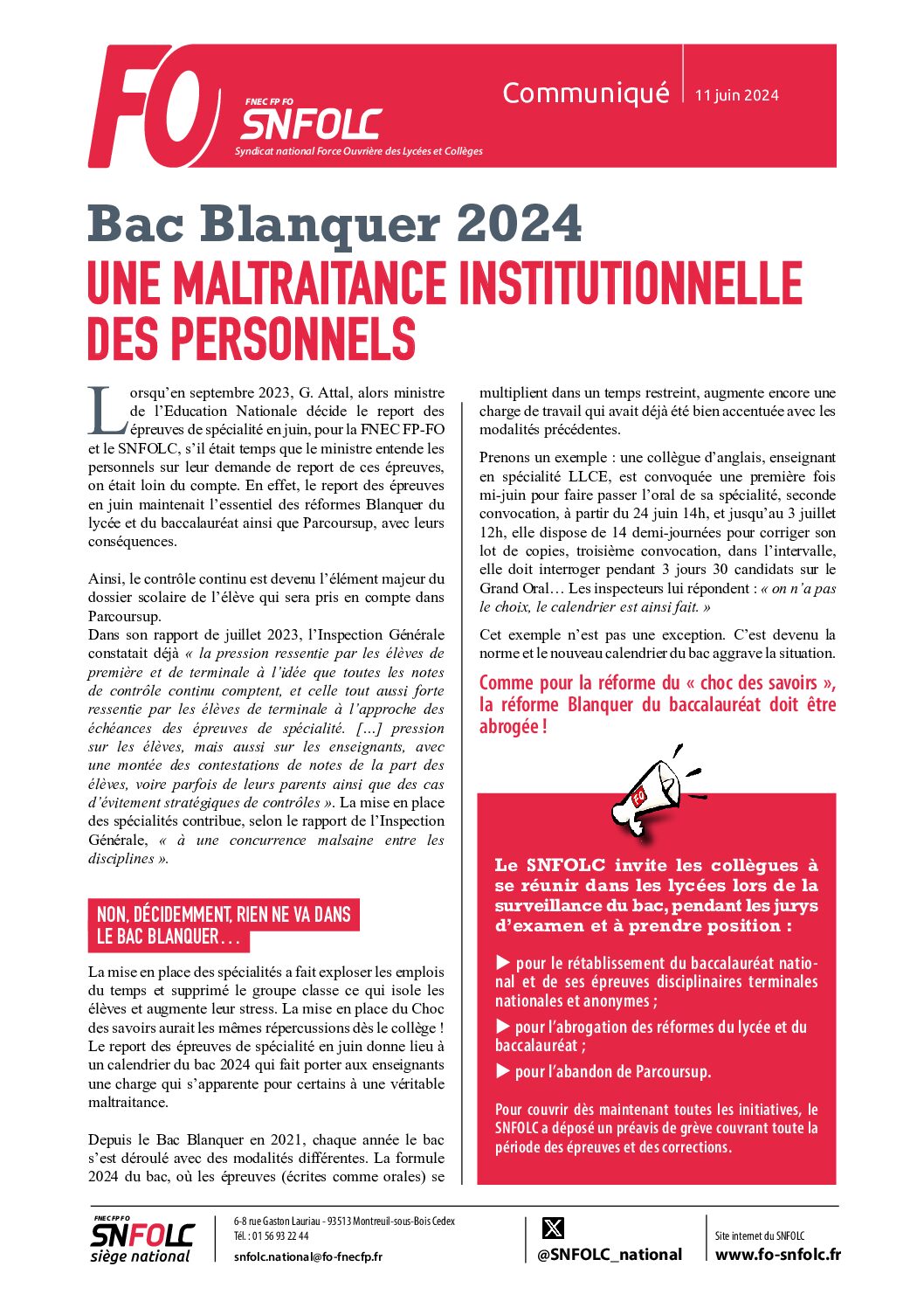 Bac Blanquer 2024 :  UNE MALTRAITANCE INSTITUTIONNELLE DES PERSONNELS