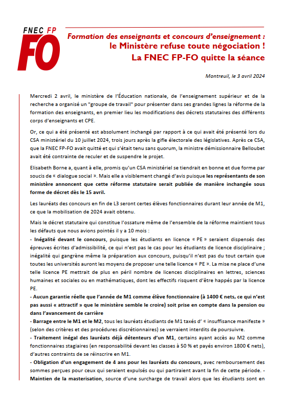 Formation des enseignants et concours d’enseignement : le Ministère refuse toute négociation !La FNEC FP-FO quitte la séance