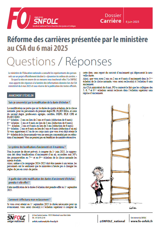 Réforme des carrières présentée par le ministère au CSA du 6 mai 2025 : Questions / Réponses