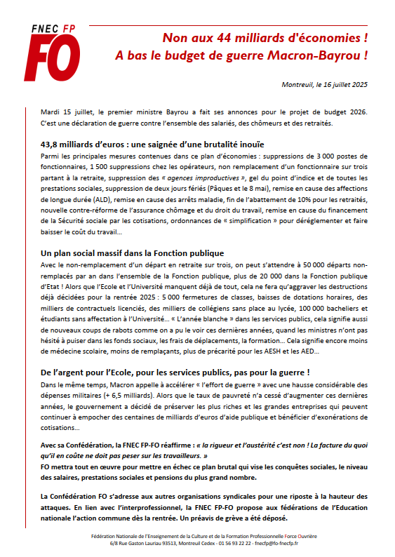 Non aux 44 milliards d’économies ! A bas le budget de guerre Macron-Bayrou !