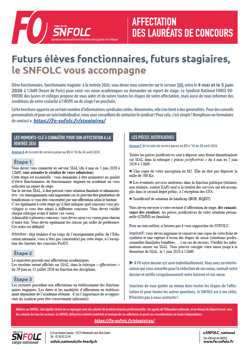 DOSSIER 2026 Le SNFOLC accompagne les futurs stagiaires