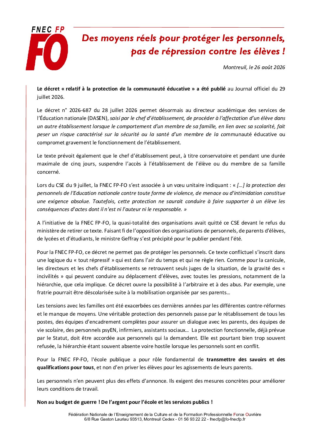 Des moyens réels pour protéger les personnels, pas de répression contre les élèves !