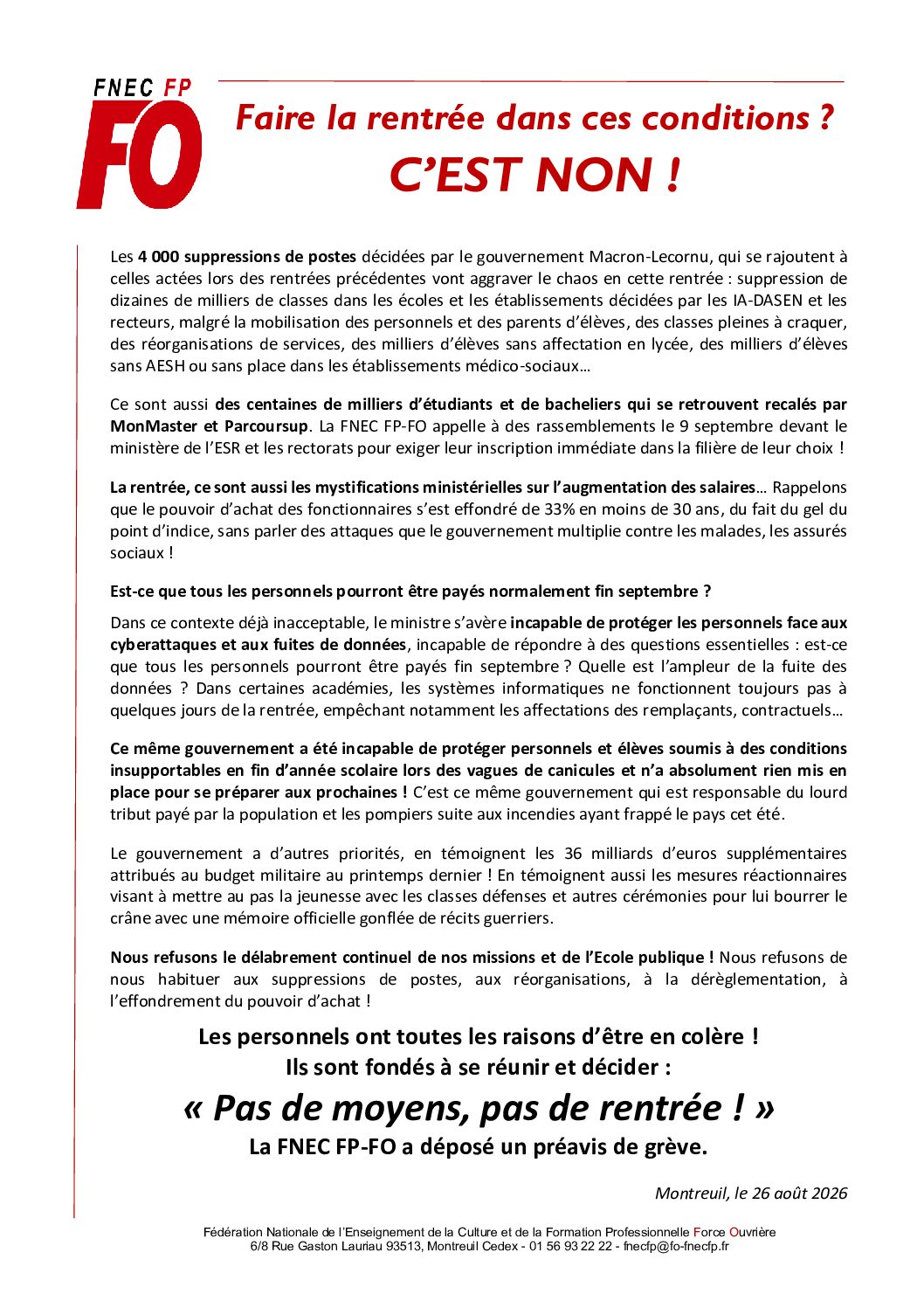 Faire la rentrée dans ces conditions ? C’EST NON !