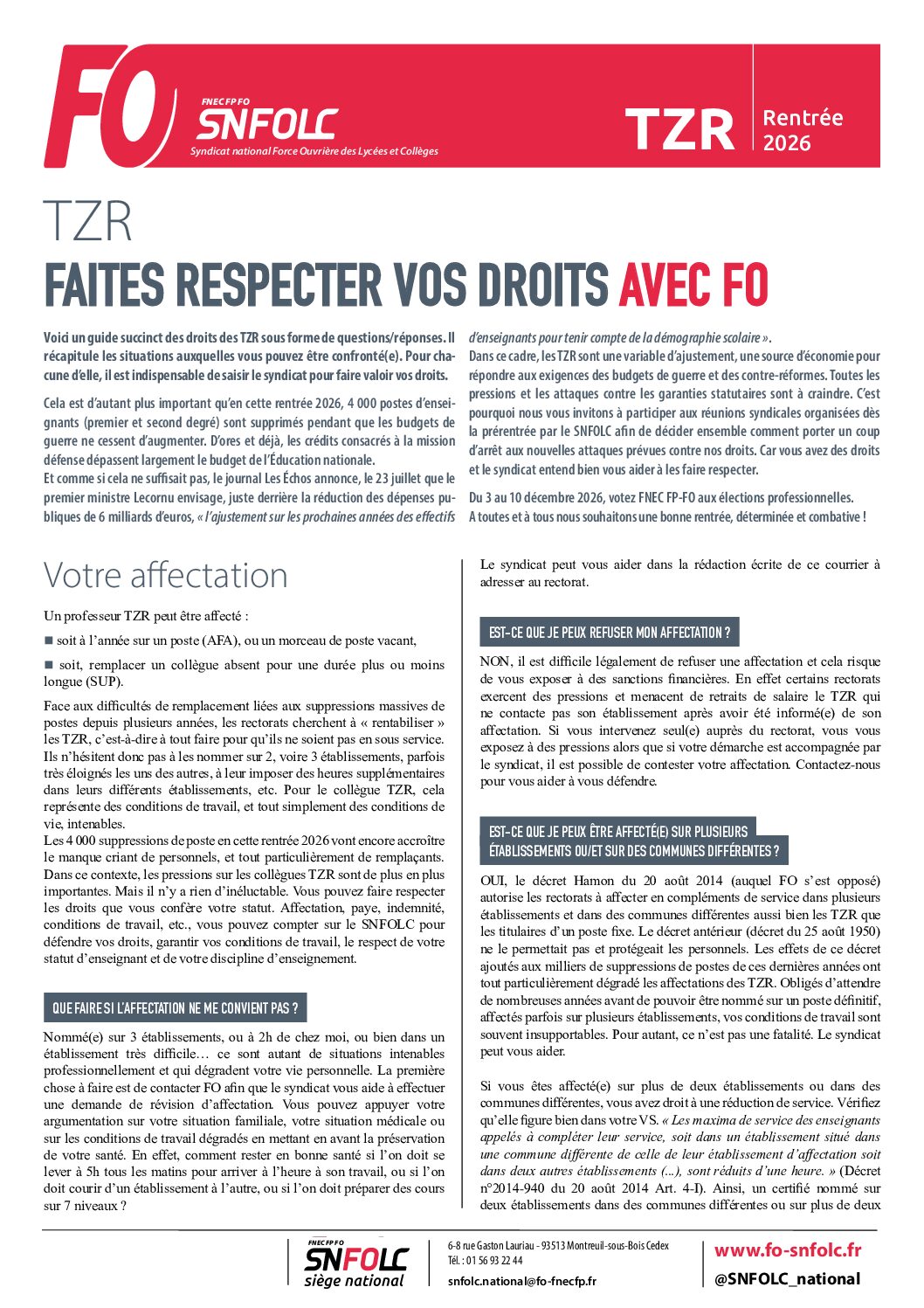 TZR : AVEC FO, FAITES RESPECTER VOS DROITS — RENTRÉE 2026
