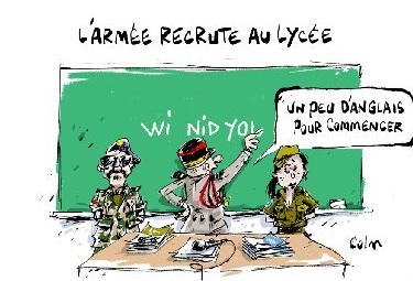 Dessin : devant un tableau, des militaires font cours ; « L’armée recrute au lycée »