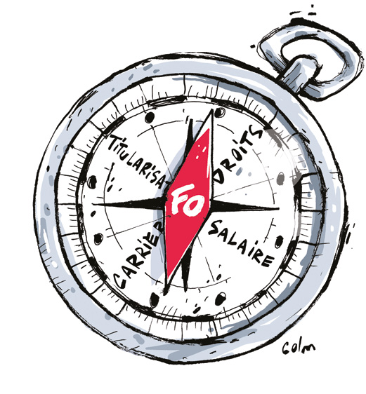 Dessin d’une boussole dont l’aiguille rouge porte le logo FO, entourée des mots titularisation, droits, salaire et carrière