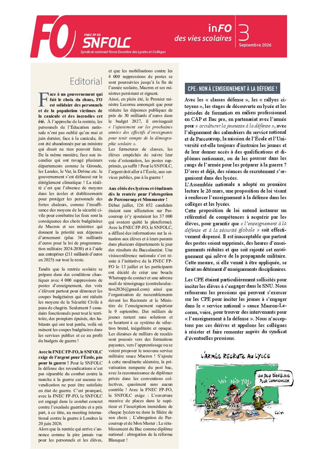 inFO DES VIES SCOLAIRES n° 3 — SEPTEMBRE 2026