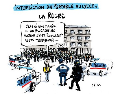 Dessin : des forces de police massées devant un lycée ; « ce n’est ni une manif ni un blocage… »