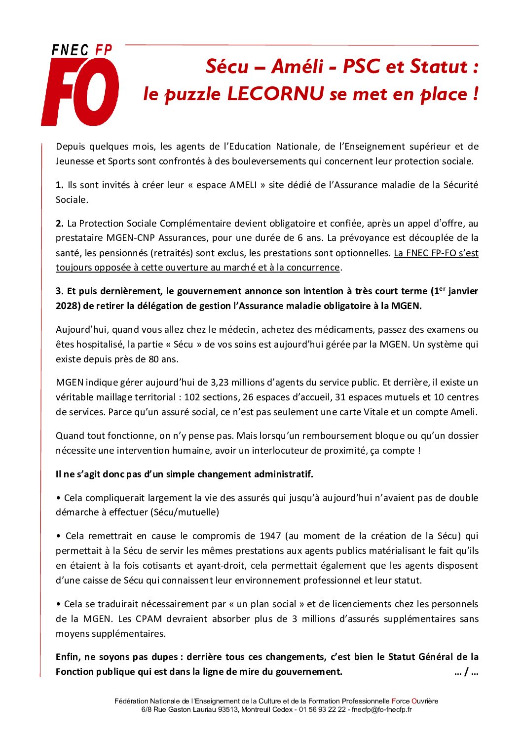 Sécu – Ameli – PSC et Statut : le puzzle Lecornu se met en place !