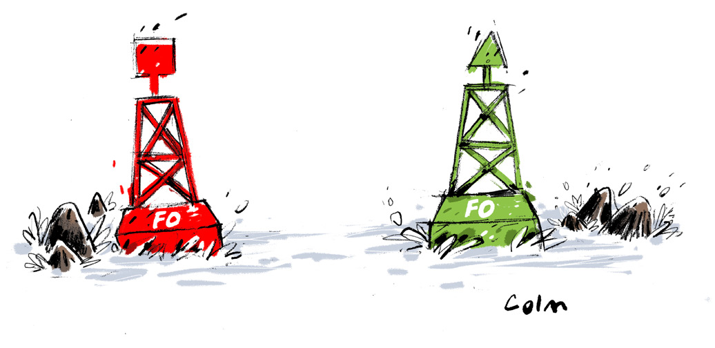 Dessin : deux balises maritimes, une rouge et une verte, marquées FO, signé Colm