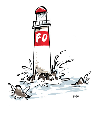 Dessin d’un phare aux couleurs de FO battu par les vagues, signé Colm