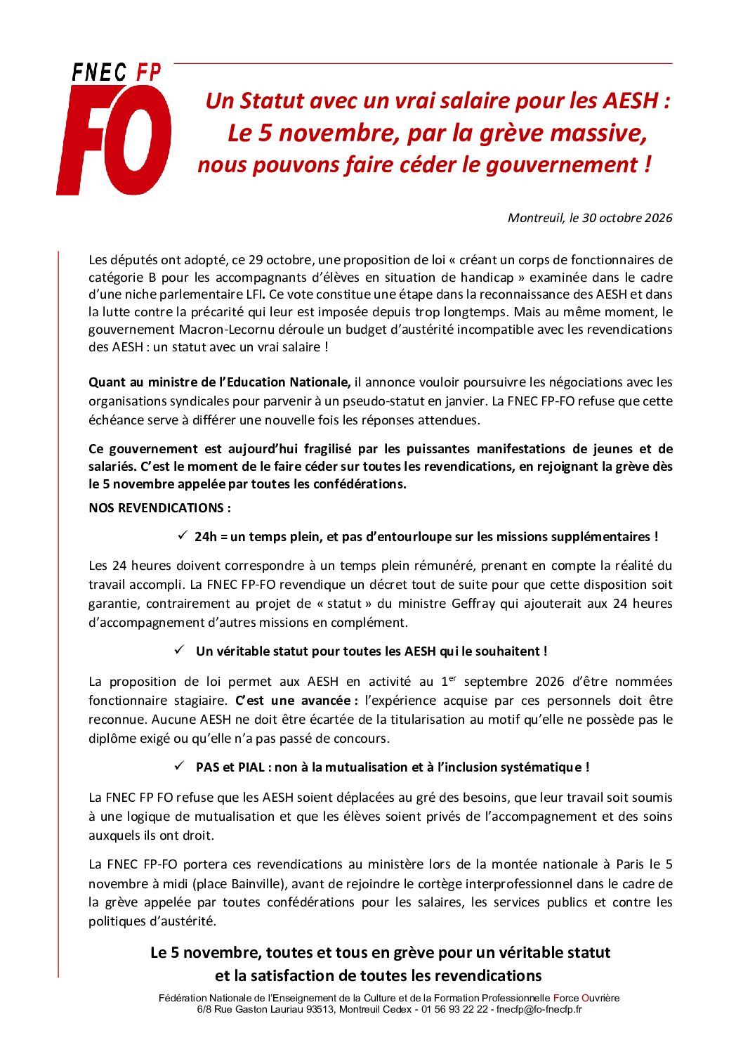 Première page du communiqué FNEC FP-FO du 30 octobre 2026 : un statut avec un vrai salaire pour les AESH, grève le 5 novembre