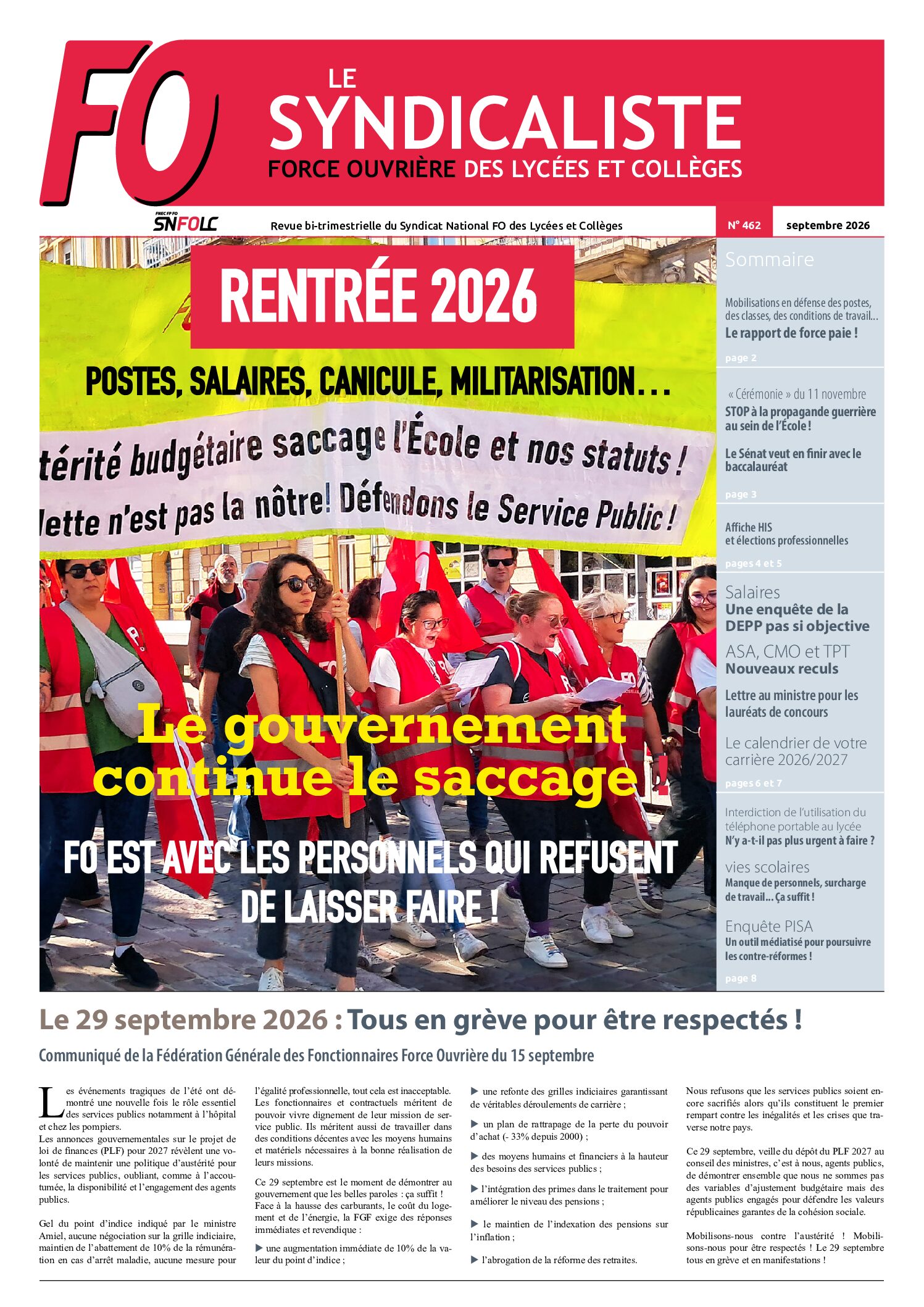 Couverture du Syndicaliste n° 462, septembre 2026